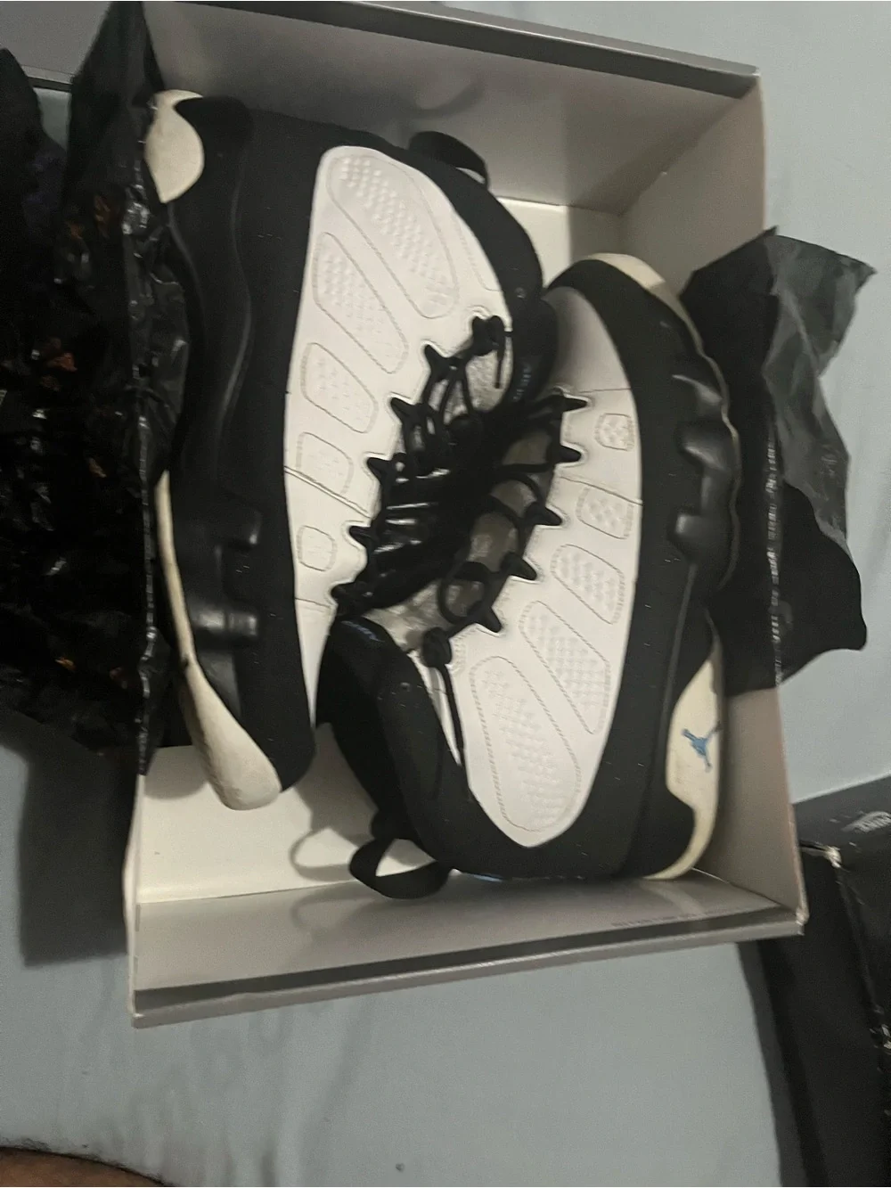 Jordan Black and White Basketball Shoes with Light Blue Jumpman